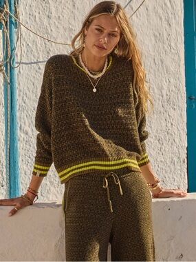 The Upside Olive Knit Crew Sweater with Yellow Trim NEW